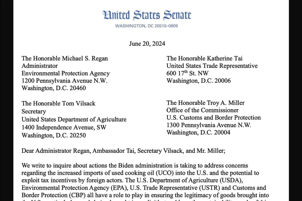 screenshot of letter from Grassley, Marshall Seeking Answers From Biden Admin On Surge In Used Cooking Oil Imports