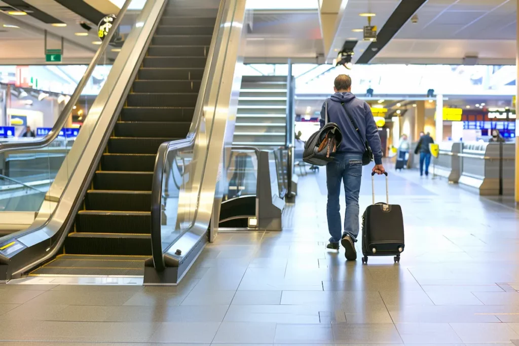 Passenger walking through terminal to catch a Lufthansa flight.