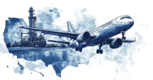 sketch of aircraft, map of USA and biofuel refinery