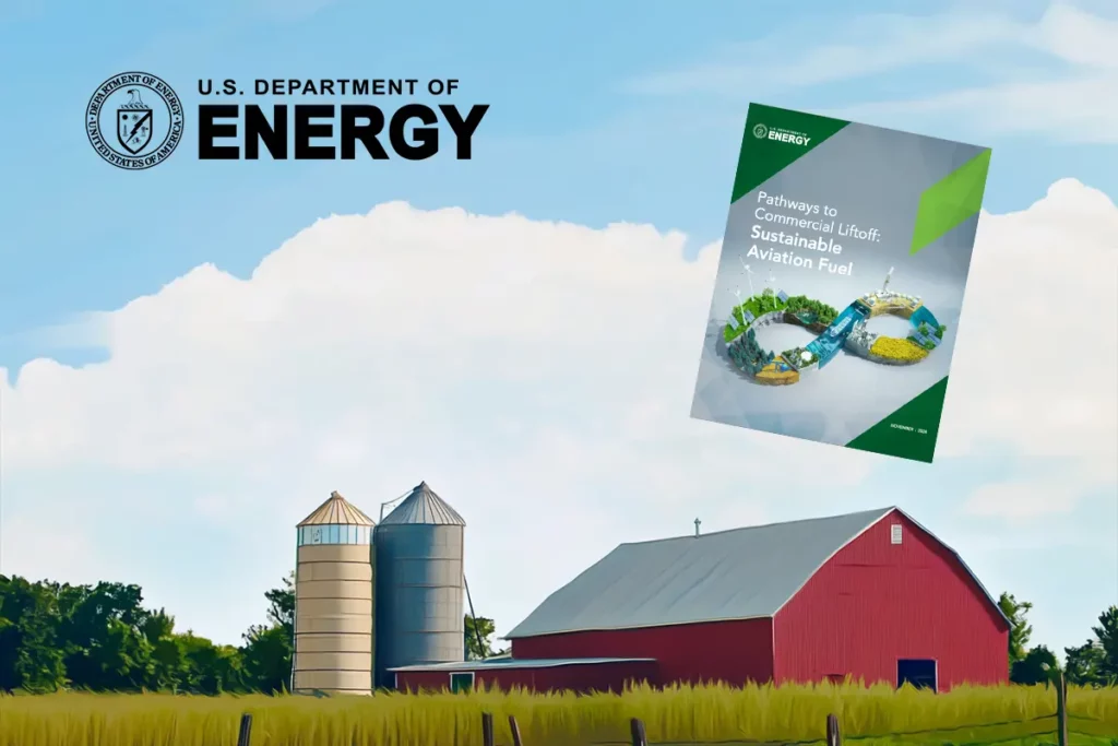 Midwest farm field with barn. Department of Energy and excerpt of their report on SAF is superimposed.