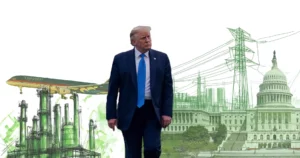 Donald Trump with energy sector sketch in background