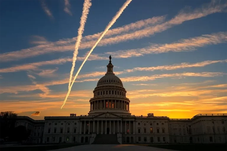 US Capitol with contrail in the sky.