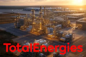 SAF refinery with airport in background. TotalEnergies logo overlayed.