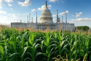 sketch of the US Capitol Building that has a refinery for SAFs and a corn farm in front